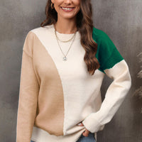 Color Block Ribbed Cuff Drop Shoulder Sweater