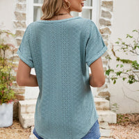 Full Size Round Neck Eyelet Short Sleeve Top