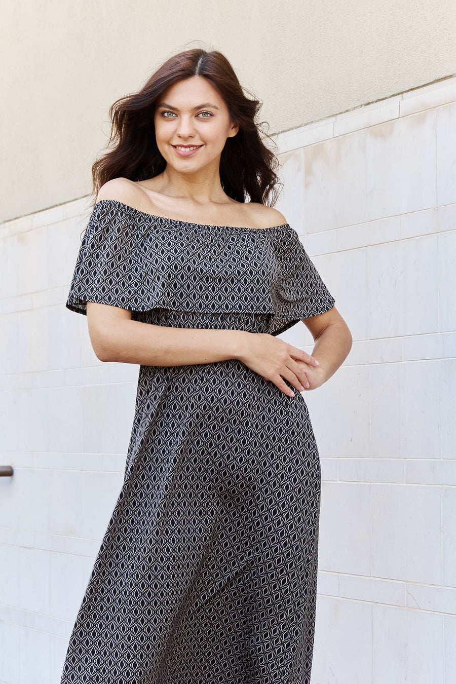 e.Luna My Best Angle Geometric Pattern Off The Shoulder Midi Dress in Black