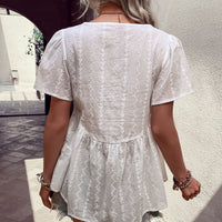 Tied Decorative Buttons Short Puff Sleeve Blouse