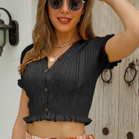 Buttoned Frill Hem Cropped Knit Top