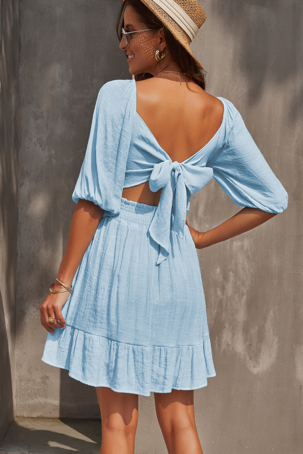 Tie-Back Ruffled Hem Square Neck Mini Dress