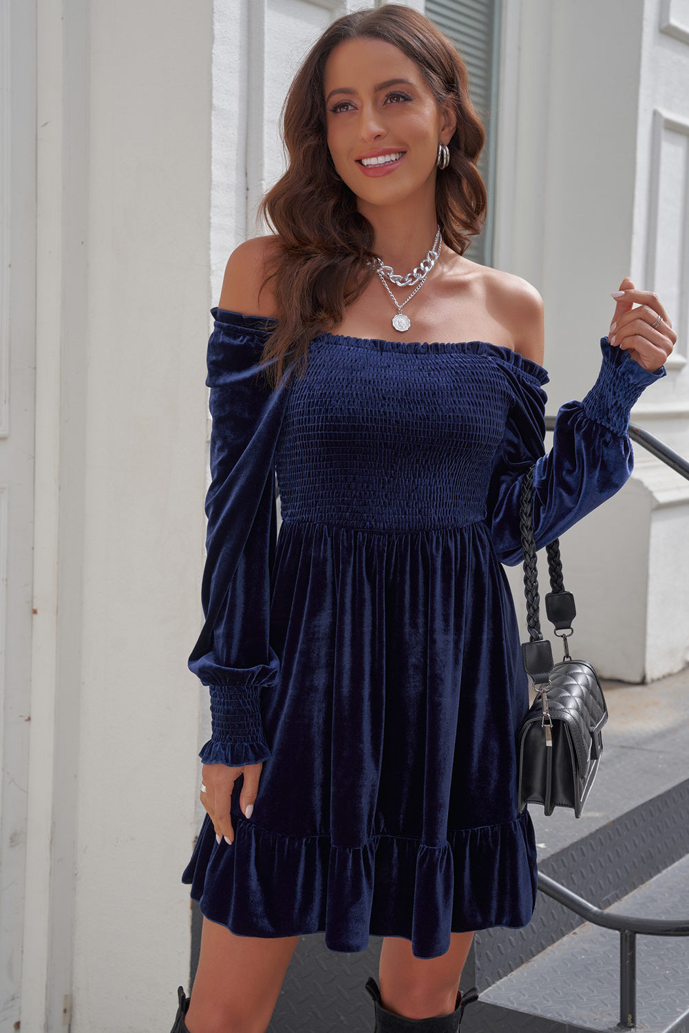 Off-Shoulder Smocked Ruffle Hem Dress