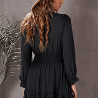 Tied Plunge Smocked Waist Flounce Sleeve Dress