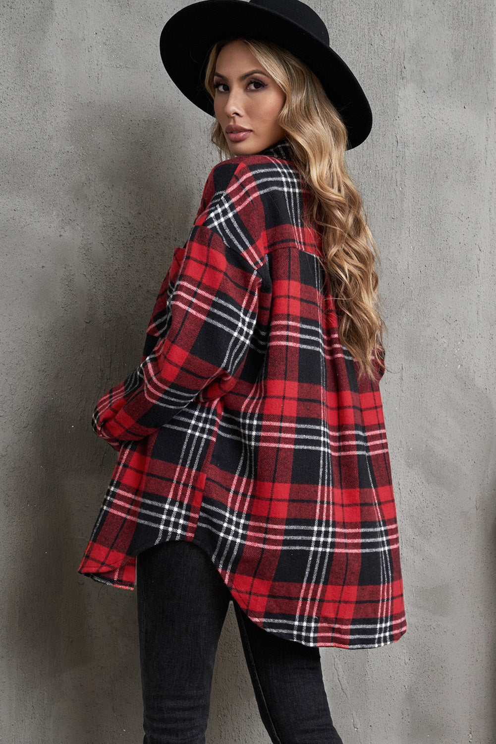 Plaid Curved Hem Longline Shacket