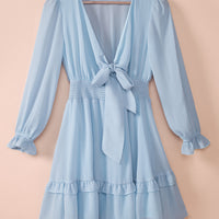 Tied Plunge Smocked Waist Flounce Sleeve Dress