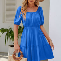 Ruched Square Neck Puff Sleeve Mini Dress