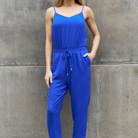 ODDI Full Size Textured Woven Jumpsuit in Royal Blue