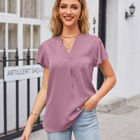 Notched Neck Flutter Sleeve Satin Top