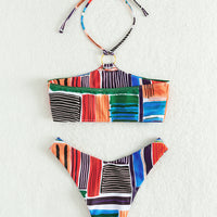 Multicolored Striped Halter Neck Bikini Set