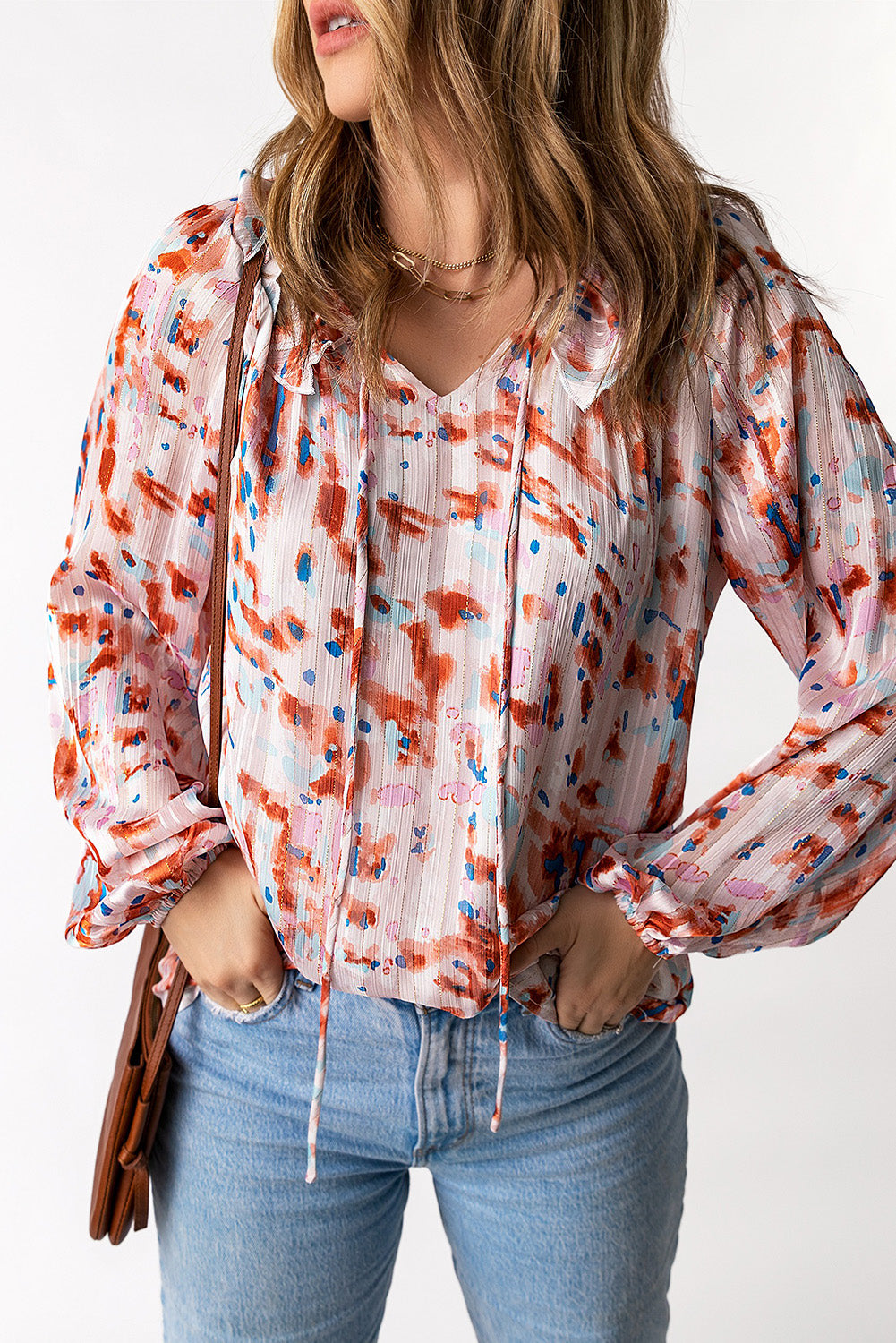 Printed Ruffled Balloon Sleeve Blouse