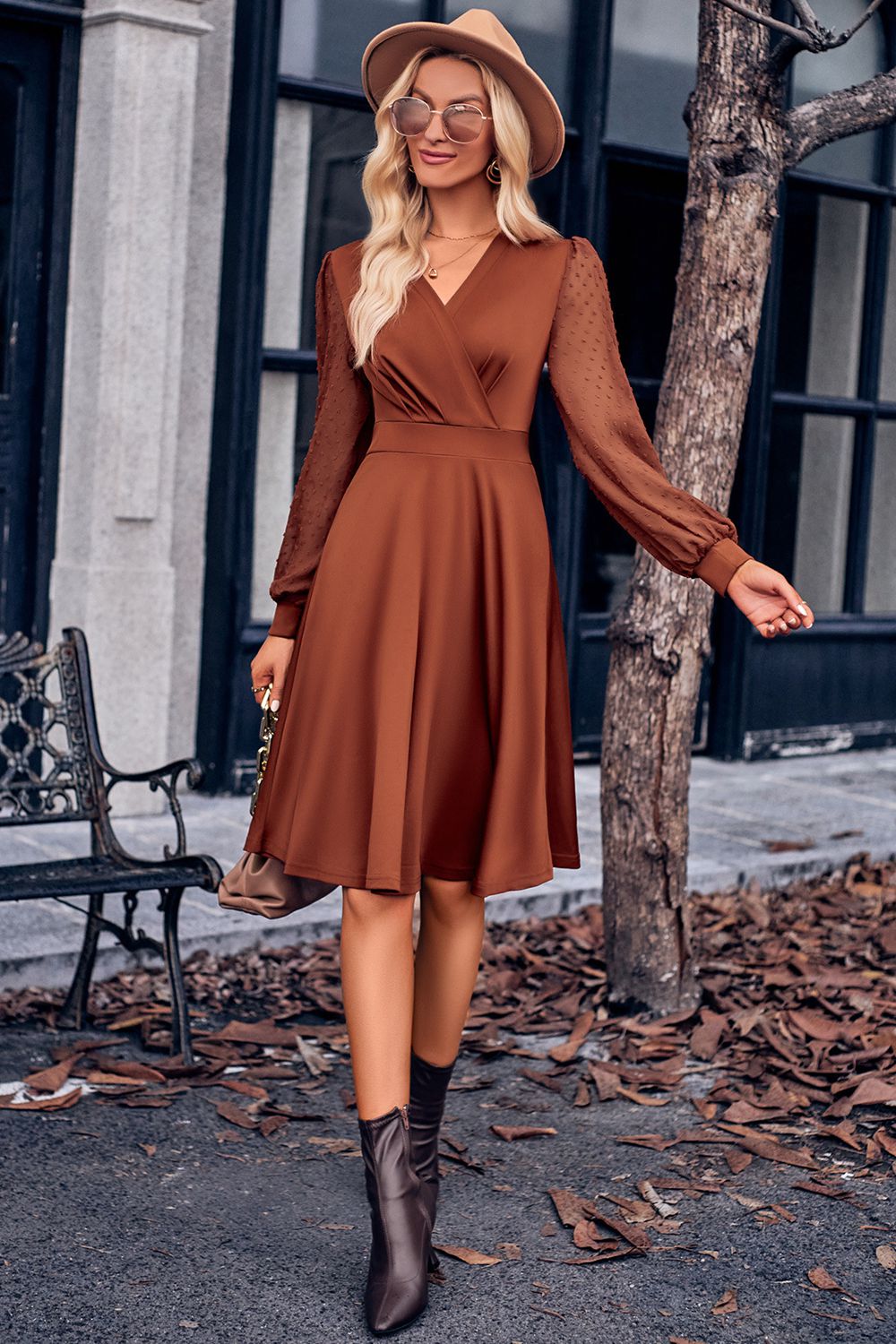 Surplice Neck Swiss Dot Long Sleeve Dress