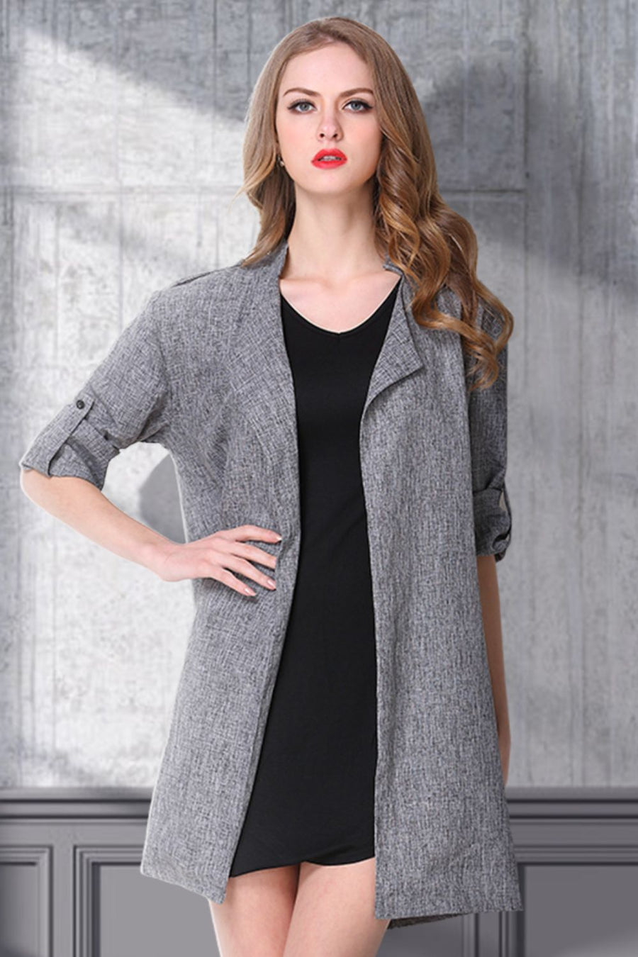 Plus Size Heathered Open Front Trench Coat