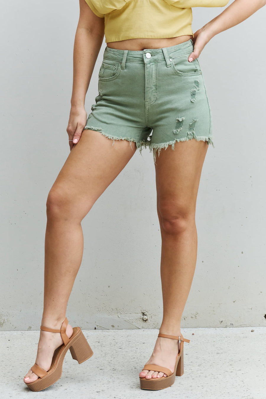 RISEN Katie Full Size High Waisted Distressed Shorts in Gum Leaf