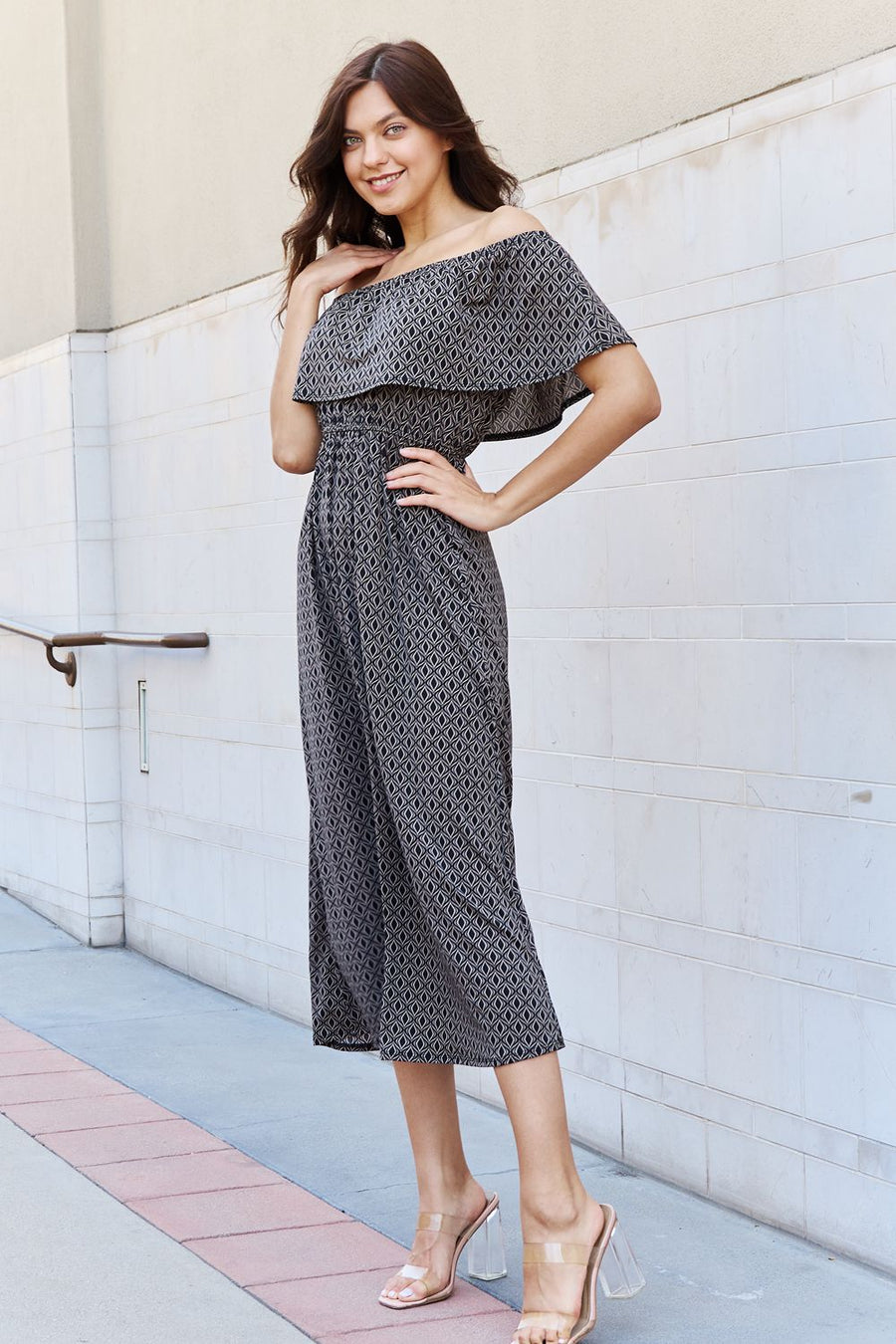 e.Luna My Best Angle Geometric Pattern Off The Shoulder Midi Dress in Black