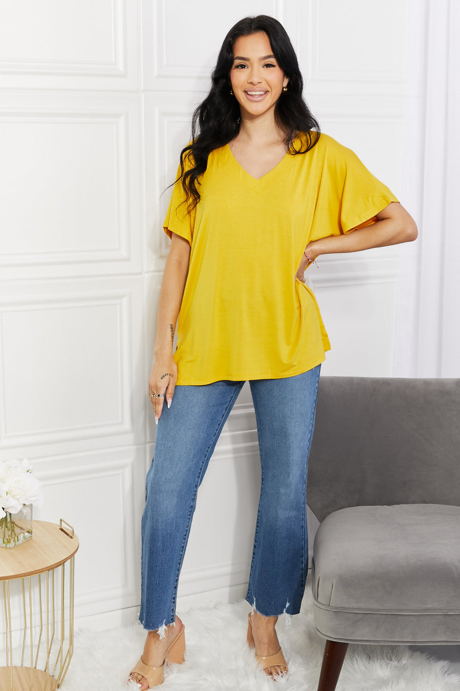 Yelete Full Size V-Neck Side Slit Tee