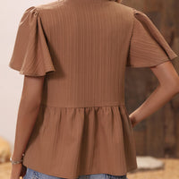 Ribbed Flutter Sleeve Notched Peplum Blouse