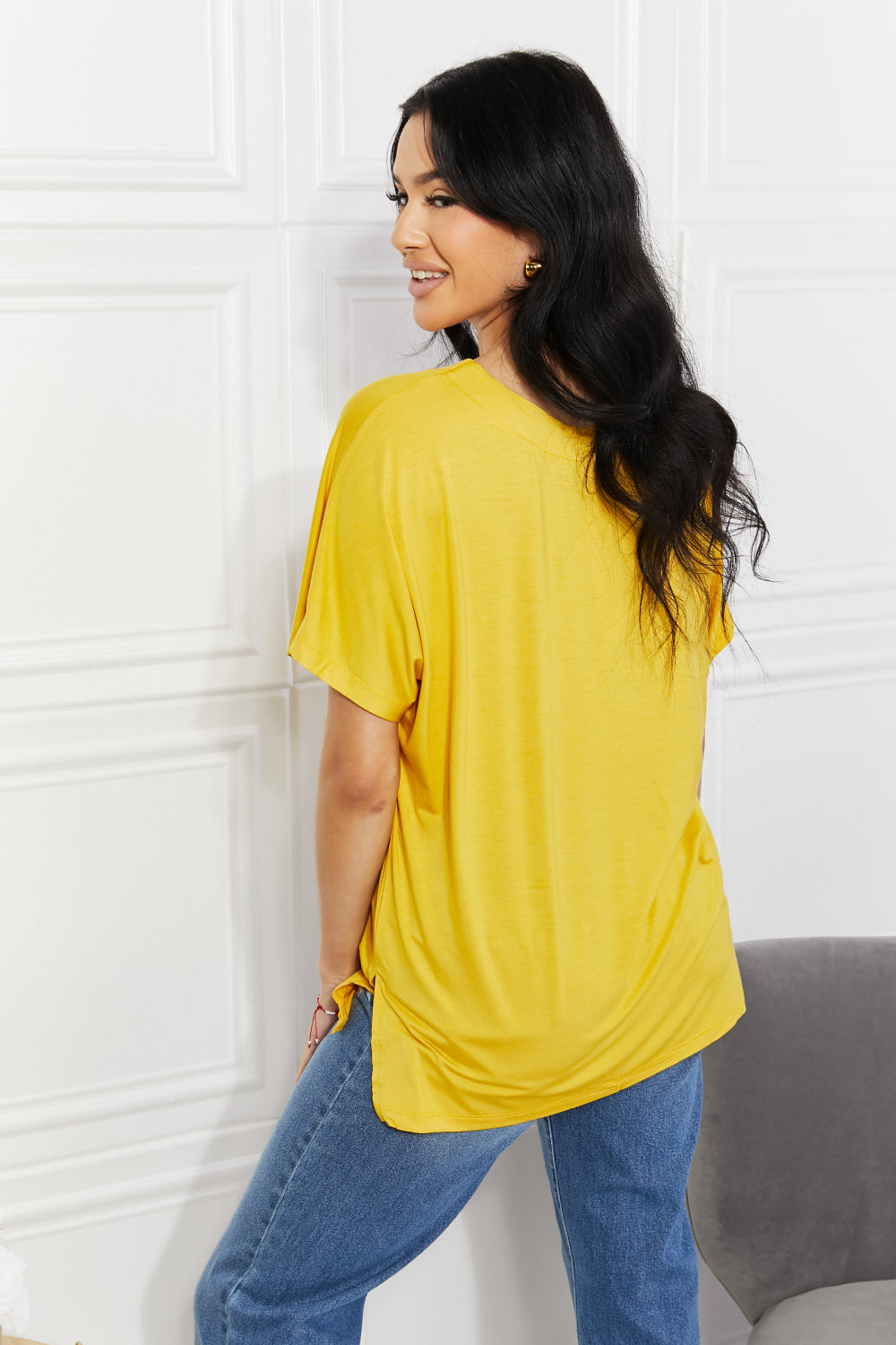 Yelete Full Size V-Neck Side Slit Tee