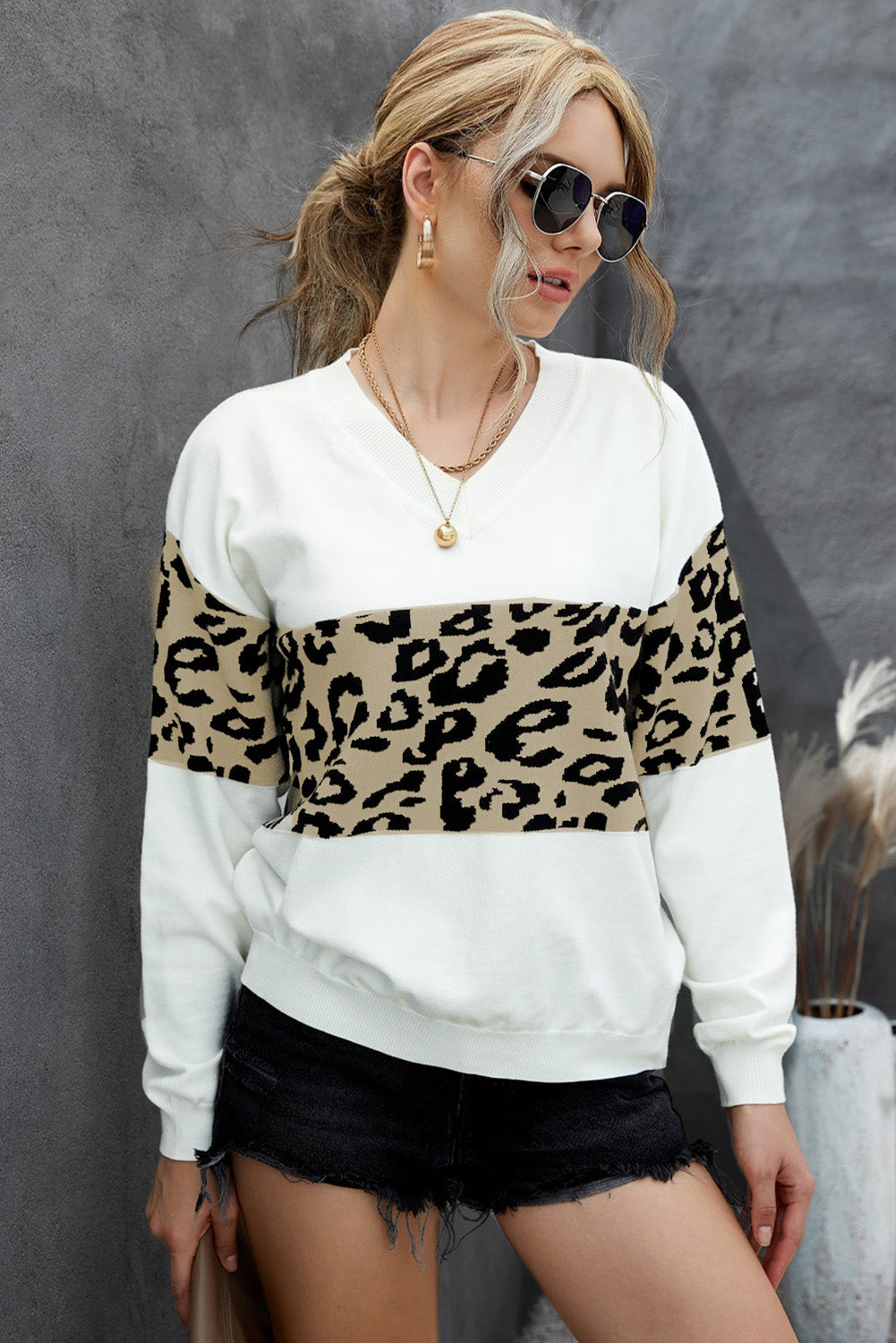 Leopard Drop Shoulder V-Neck Knit Top