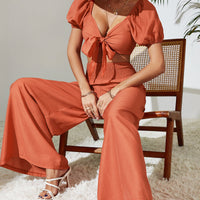 Tie Front Cropped Top and Smocked Wide Leg Pants Set