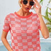 Checkered Short Sleeve Knit Top