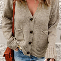 Ribbed Trim Button Down Cardigan with Pockets