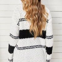 Striped V-Neck Popcorn Knit Sweater