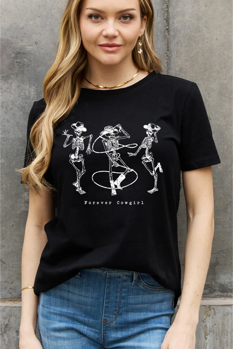 Simply Love Full Size FOREVER COWGIRL Dancing Skeleton Graphic Cotton Tee