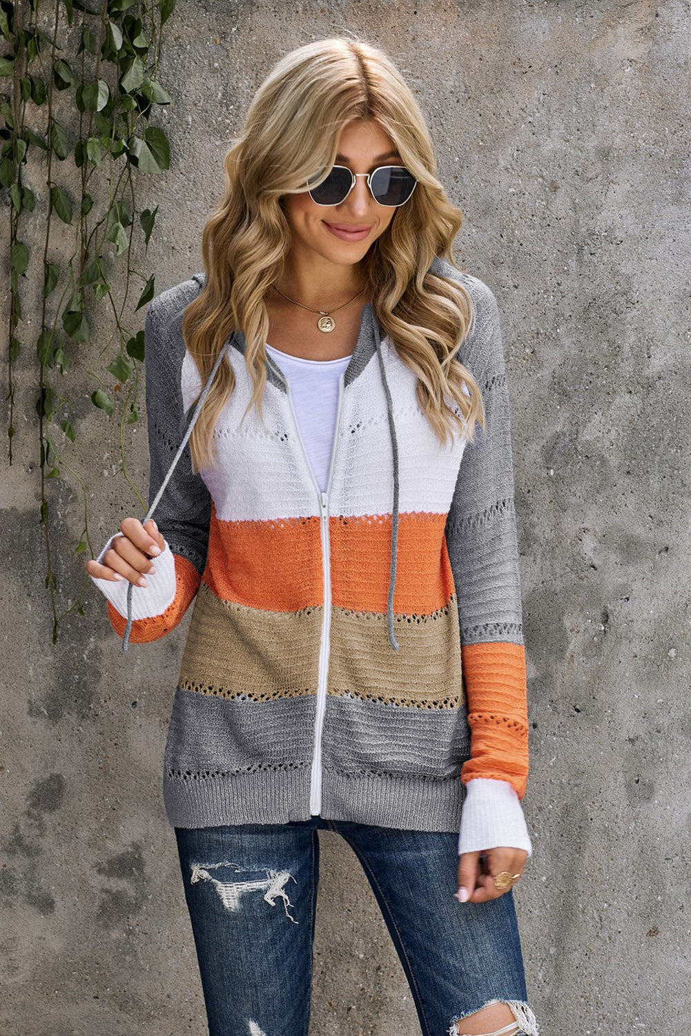 Zip-Up Raglan Sleeve Openwork Hooded Cardigan