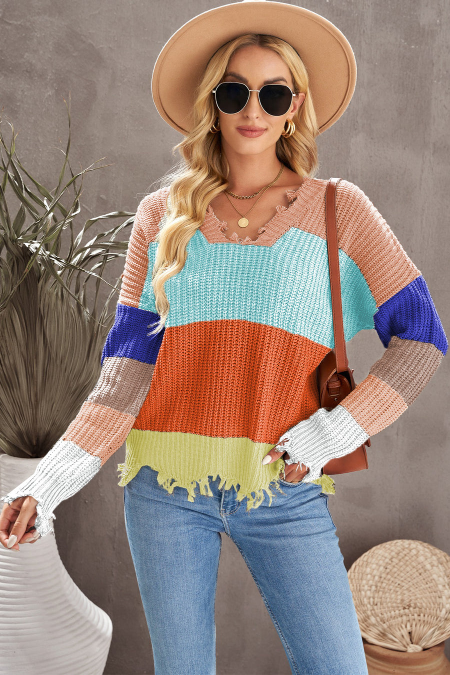 Color Block Distressed V-Neck Ribbed Sweater