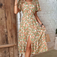 Floral V-Neck Front Slit Dress