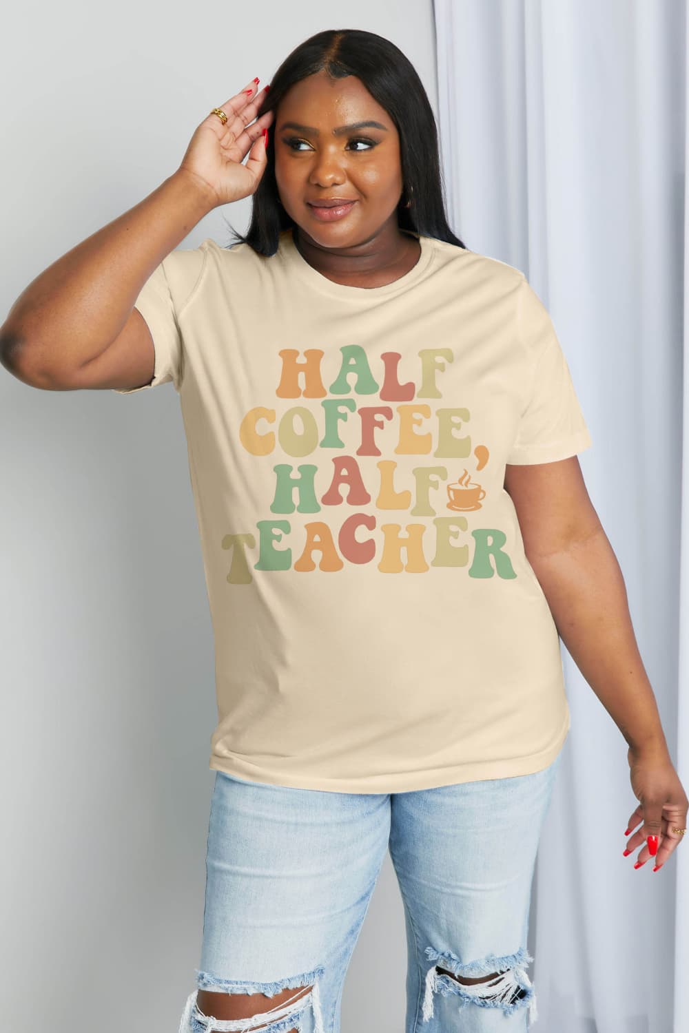 Simply Love Full Size HALF COFFEE HALF TEACHER Graphic Cotton Tee