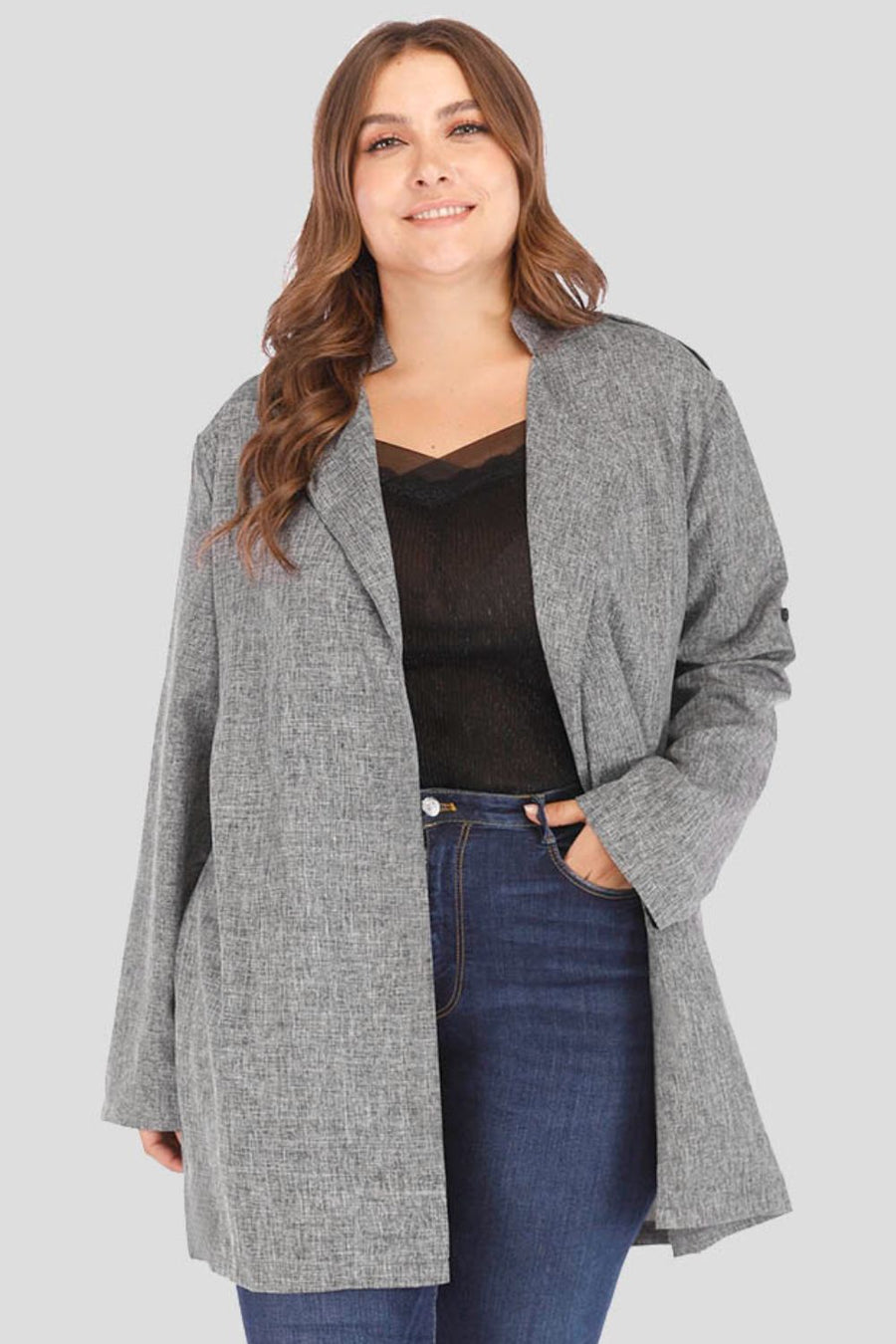 Plus Size Heathered Open Front Trench Coat