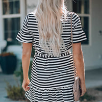 Striped Tie-Waist Frill Trim V-Neck Dress