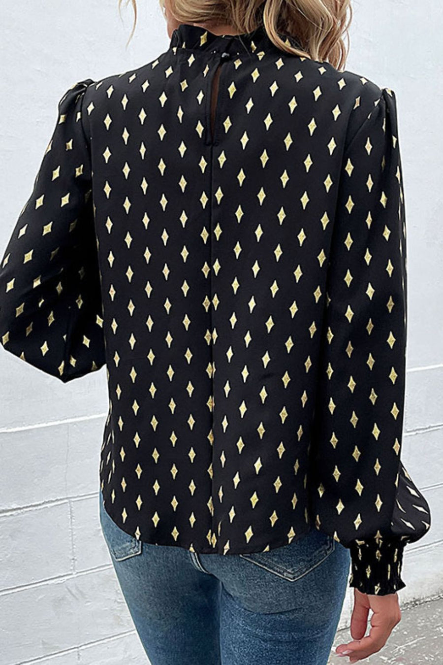 Geometric Print Frill Neck Lantern Sleeve Blouse