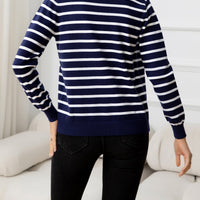 Striped Round Neck Long Sleeve Buttoned Knit Top