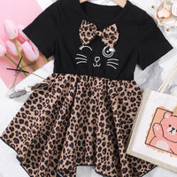 Girls Leopard Graphic Handkerchief Hem Spliced Dress