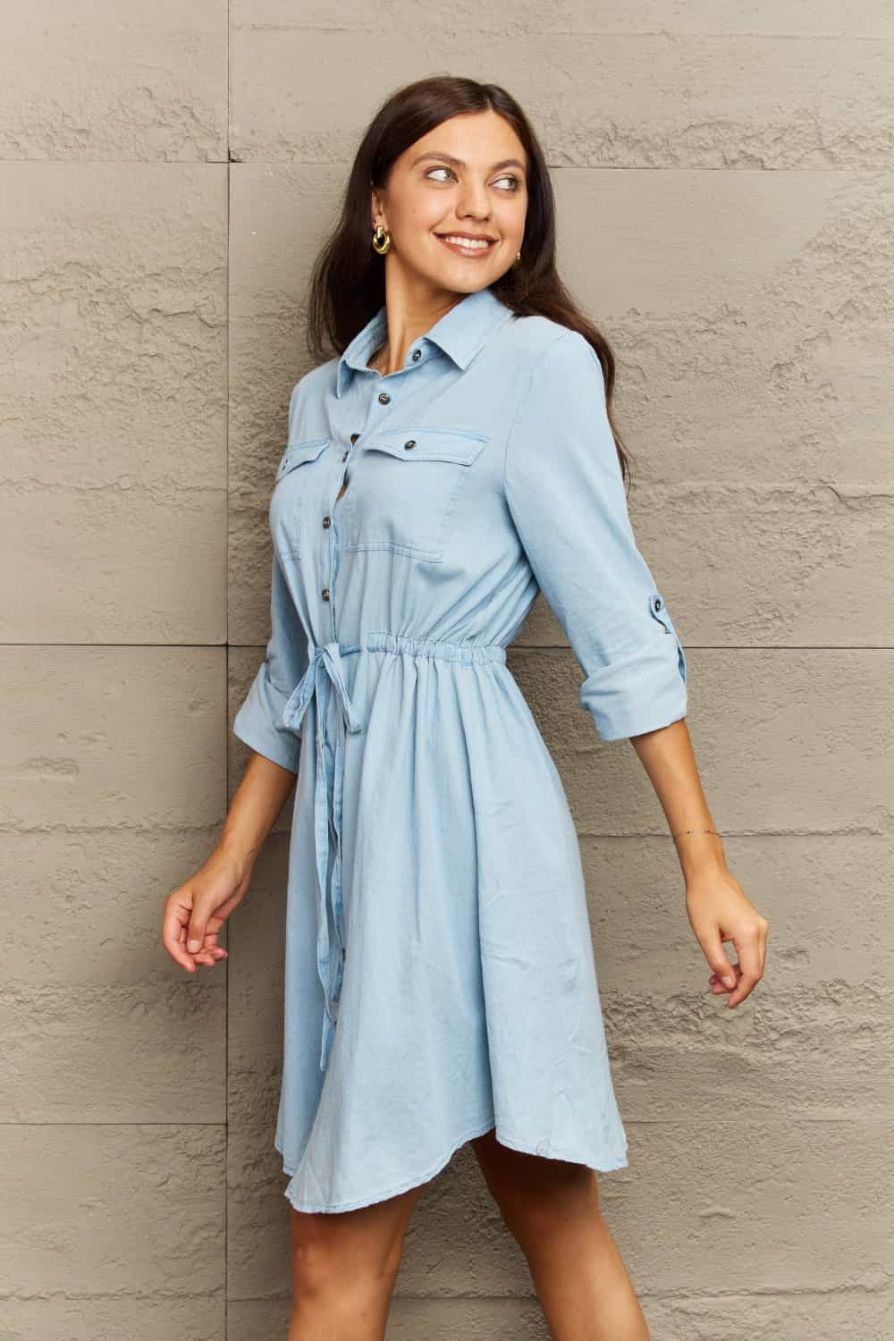 Ninexis Collared Neck Tie Waist Denim Dress