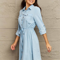 Ninexis Collared Neck Tie Waist Denim Dress