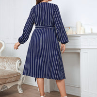 Melo Apparel Plus Size Striped Surplice Neck Long Sleeve Dress