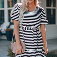 Striped Tie-Waist Frill Trim V-Neck Dress