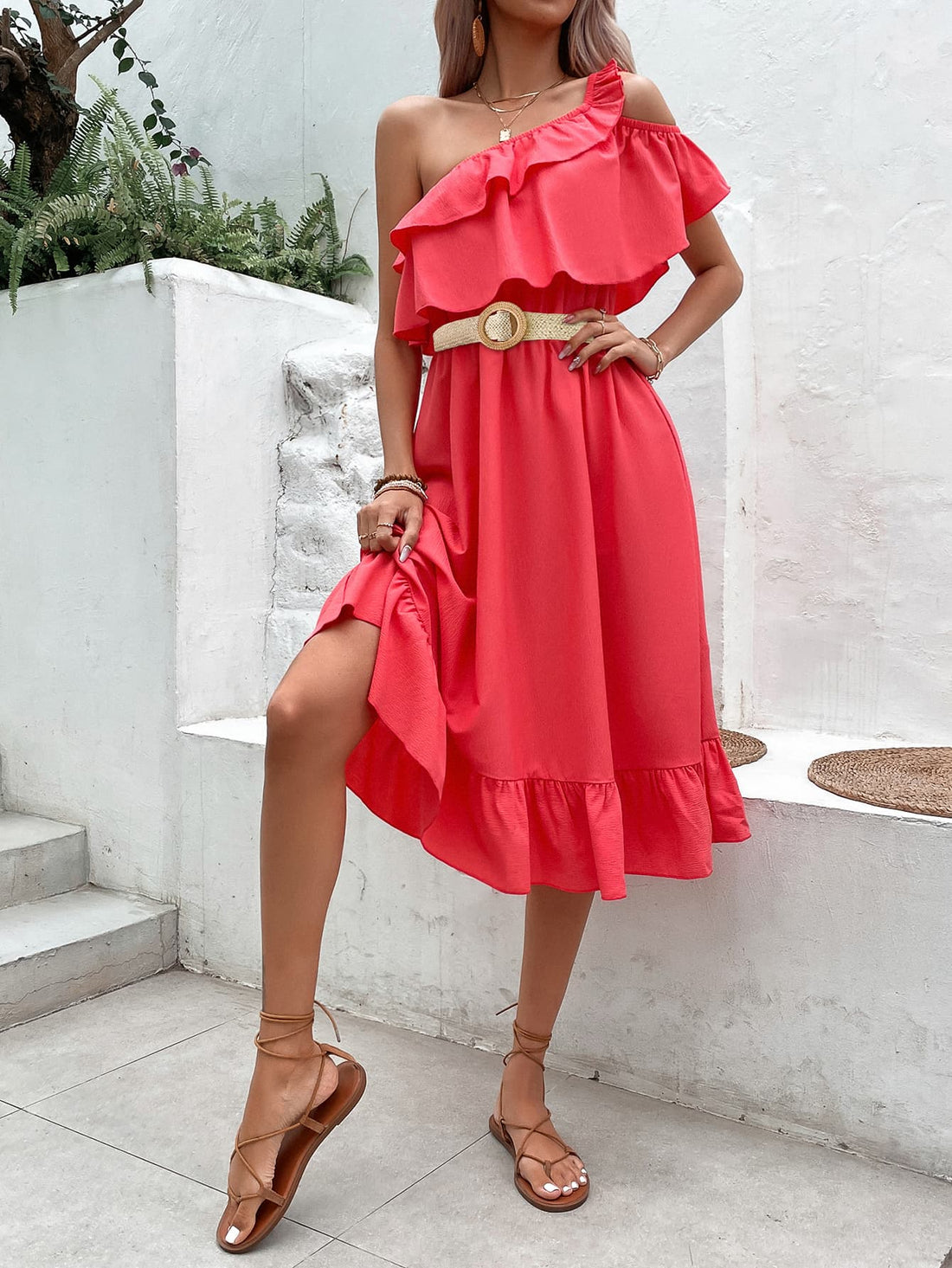 One-Shoulder Ruffle Hem Dress