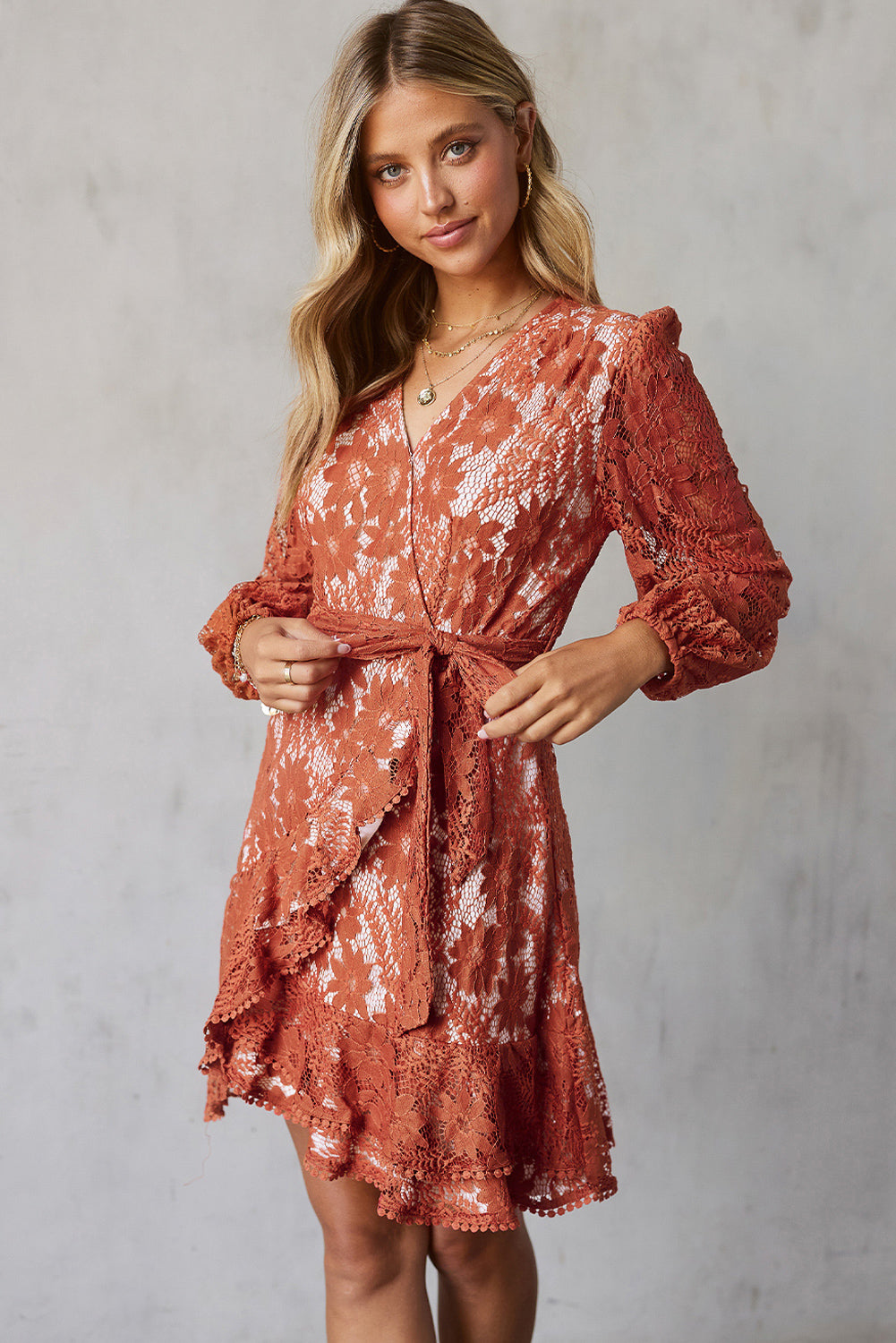 Pompom Trim Puff Sleeve Belted Lace Dress