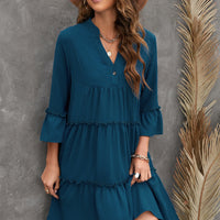 Frill Trim Three-Quarter Flare Sleeve Dress