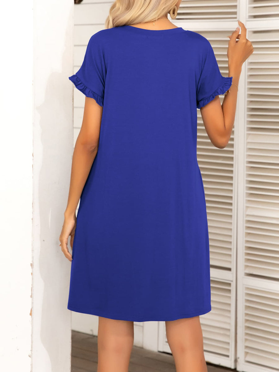 Round Neck Flounce Sleeve Dress with Pockets