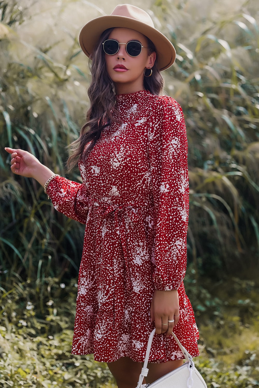 Printed Mock Neck Long Sleeve Tie Waist Mini Dress