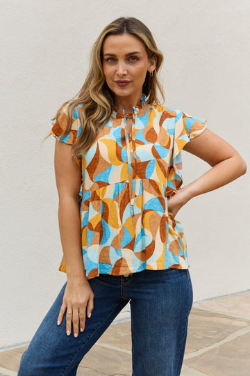 And The Why Full Size Printed Ruffle Baby Doll Top