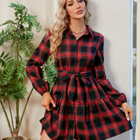 Plaid Print Tie Waist Collared Neck Shirt Dress