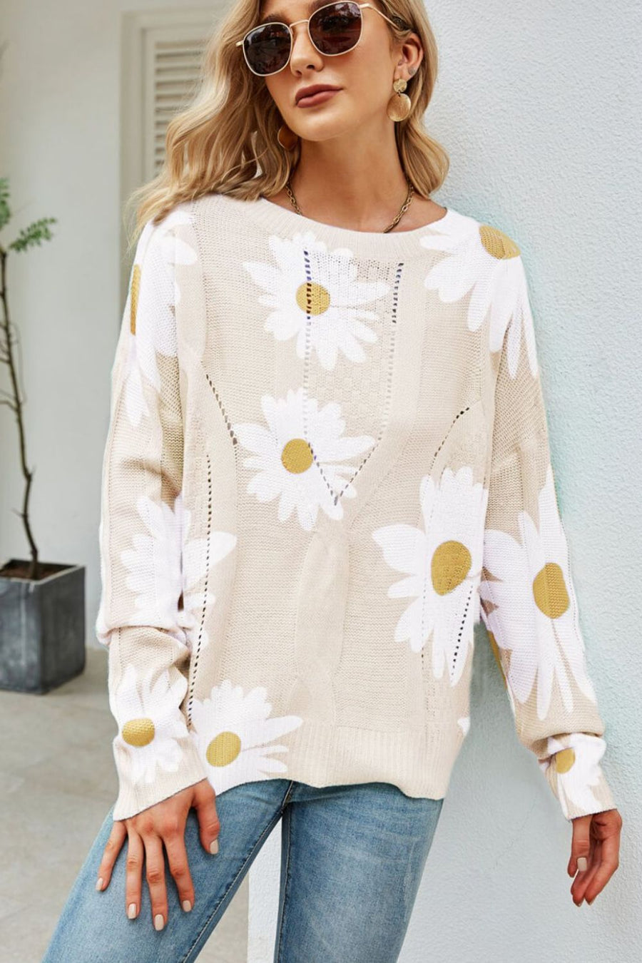 Daisy Print Openwork Round Neck Sweater