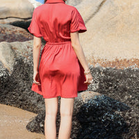 Half Button Drawstring Waist Short Sleeve Shirt Dress